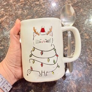Arlington Designs Christmas Cat Holiday Mug with Spoon Holder White Red Ceramic